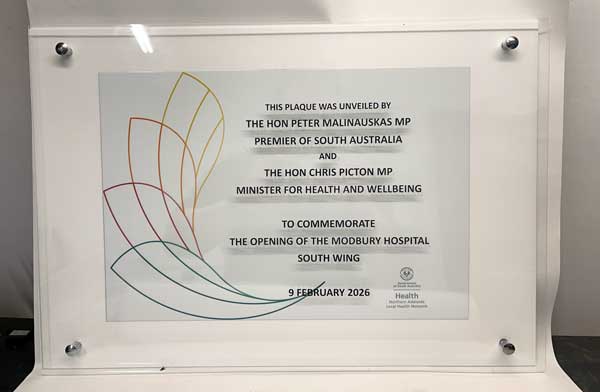 Modbury Hospital South Wing Opening Plaque: A Modern Commemoration in Acrylic + Aluminium